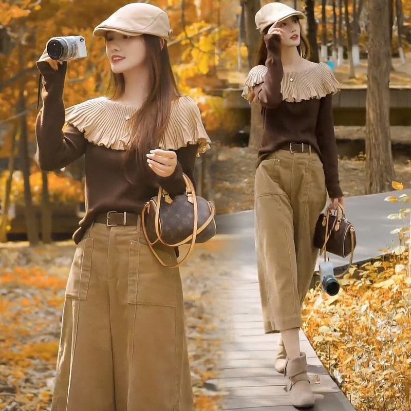 【Kali】High-End Fashion Age-Reducing Outfit for Women, Autumn 2026 Design Knit Top and Wide-Leg Pants Two-Piece Set