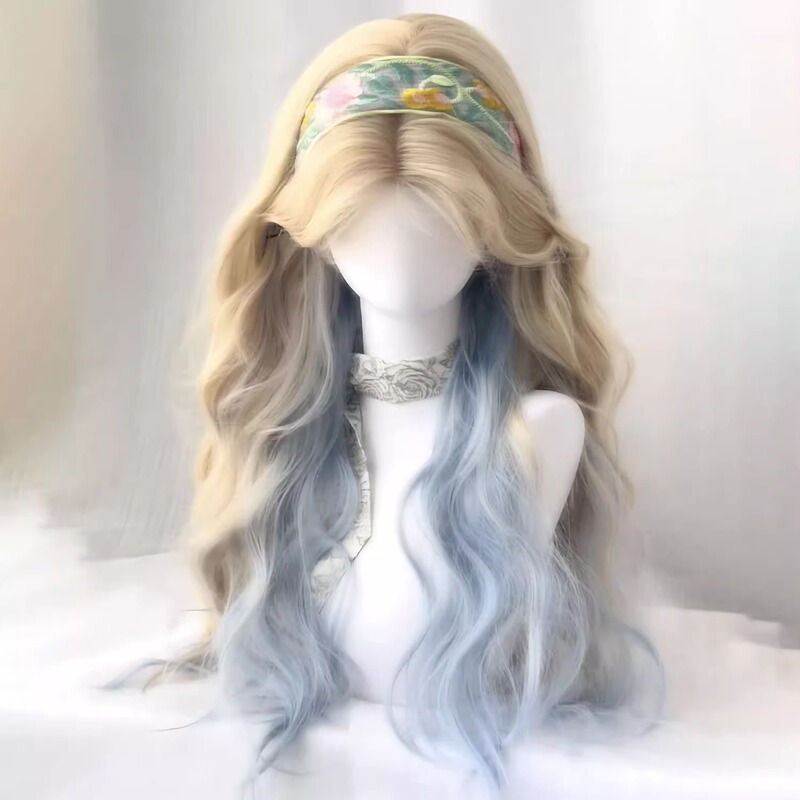 [Cheese Sea Salt] Wig for Women, Middle Part, Platinum Gradient Blue, Summer Long Curly Wig, Full Head Cover, for Daily Wear
