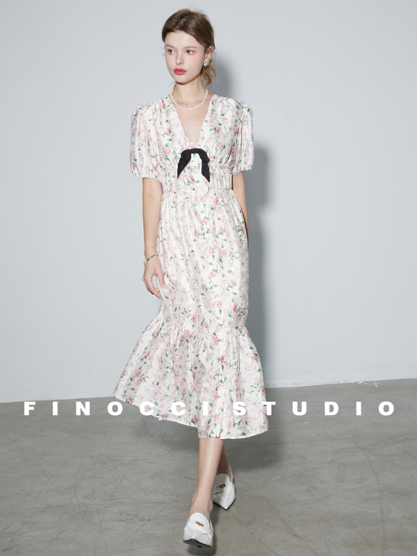 Finocci Venus Rose Summer Fantasy Print Jacquard Romantic Atmosphere French Princess Dress Finocci Venus Rose Summer Fantasy Print Jacquard Romantic Atmosphere French Princess Dress