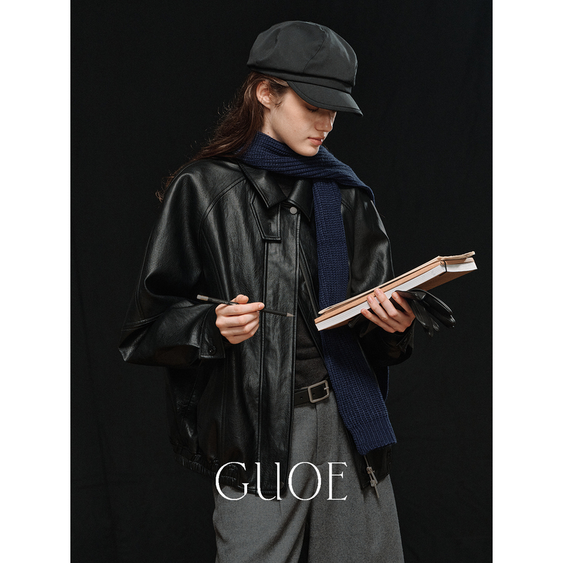Guoe/Lychee Texture Simulated Pu Leather Short Loose Textured Stand Collar Silhouette Leather Jacket 31344
