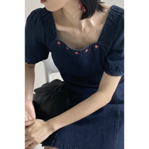 GUOE 2021 cute woman denim dress square collar a word bubble sleeve skirt womens summer new French