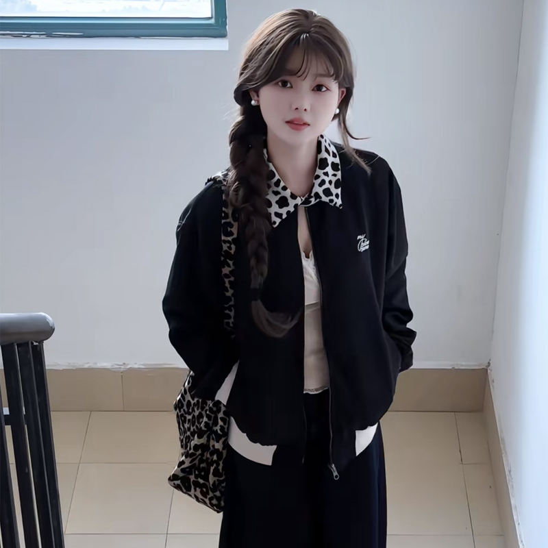 Cow Print Lapel Patchwork Jacket for Women, Autumn 2026 New Korean Style Loose Embroidered Color-Blocking Casual Jacket Top Trendy