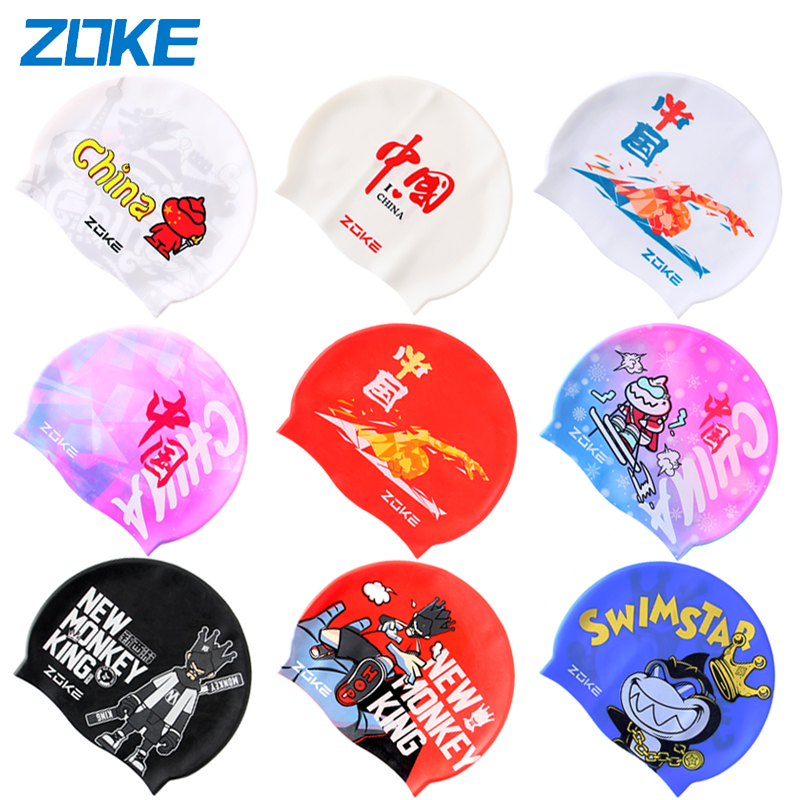 Zhouke Children's Printed Silicone Waterproof Swimming Cap with Big Bule Head, Comfortable and Cute Cartoon Men and Women Swimming Adult Equipment