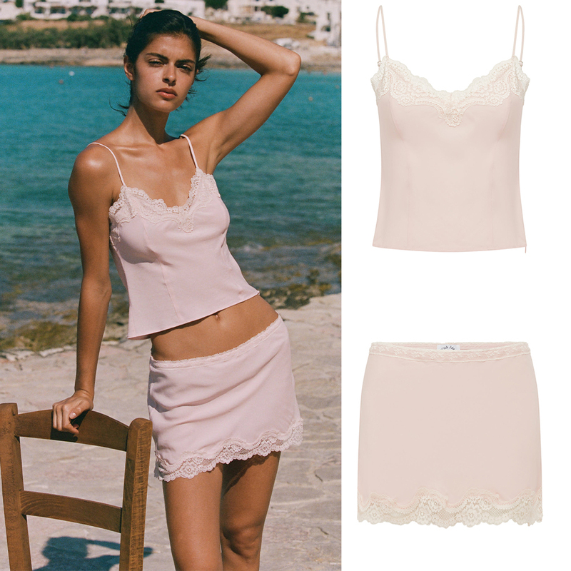 With Jean Pink Lace Camisole with Side Invisible Zipper, Adjustable Shoulder Straps, Low-Waisted Pink Lace Short Skirt