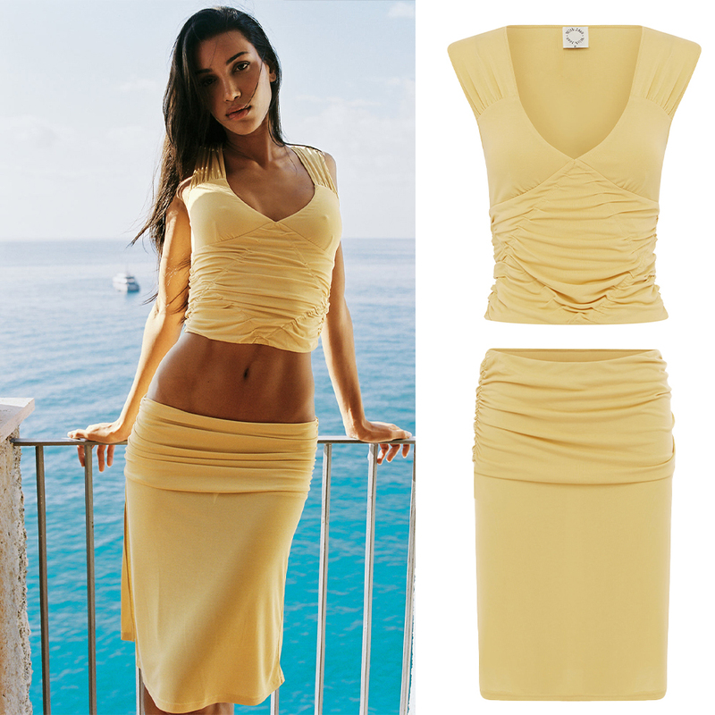 With Jean Yellow V-Neck Sleeveless Pleated Slim-Fit Top, Low-Waist Elastic Waist Side-Slit Midi Skirt With Jean Yellow V-Neck Sleeveless Pleated Slim-Fit Top, Low-Waist Elastic Waist Side-Slit Midi Skirt