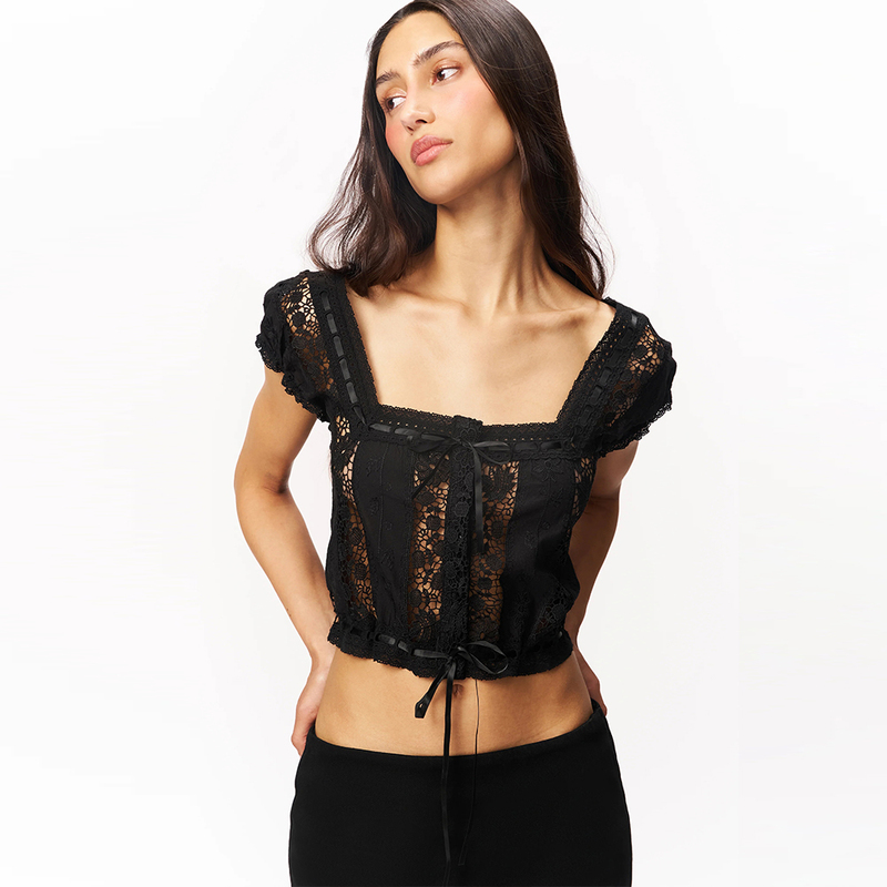 Guizio Black Square-Neck Lace Short-Sleeve T-Shirt Pure Desire White Sexy Pink Ribbon Adjustable Top