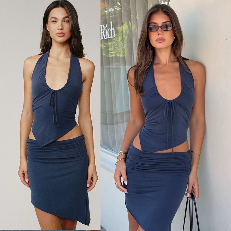 Withjean Halter V-Neck Irregular Hem Waist-Tie Top Blue Asymmetrical Low-Waist Mid-Length Skirt