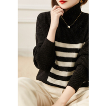 Boo Pala loose 2021 autumn and winter New High collar side stripes shiny sequins 100% pure wool knitted sweater