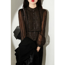 Boo Pala is a light luxury printed gilt silk shirt Lace stand-up collar long-sleeved top