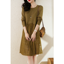 Boo Pala cum elegant style heavy industry embroidery lace stitching cotton knitted slim slim dress autumn