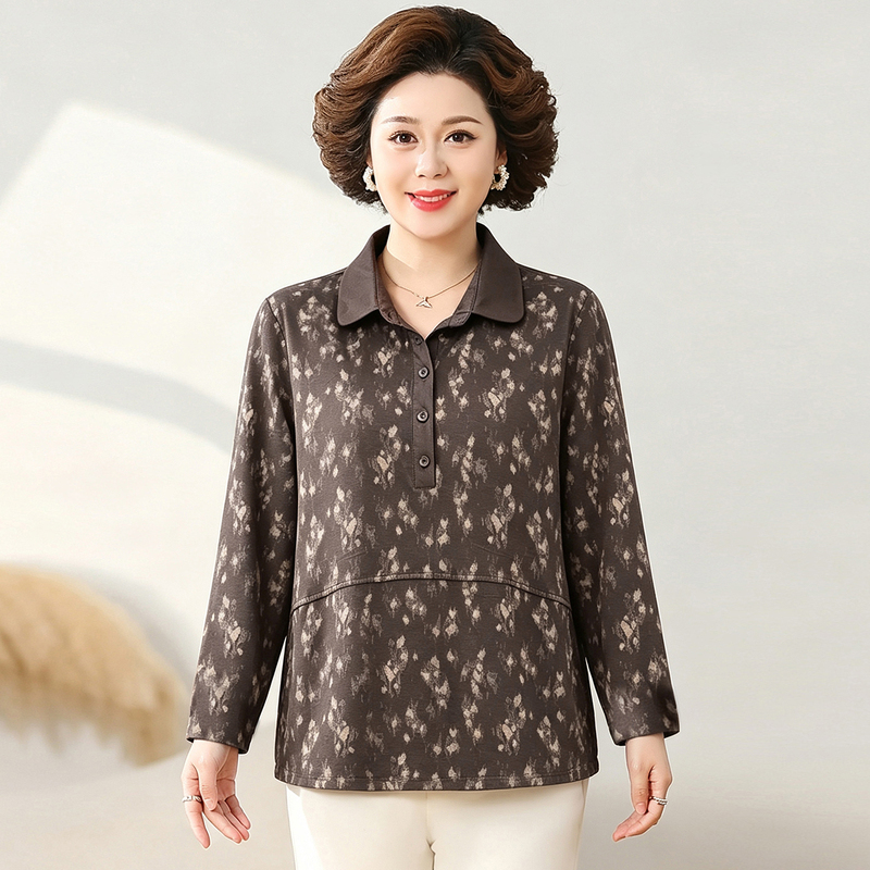 Middle-Aged and Elderly Women's Long-Sleeved Polo Shirt with a Turn-Down Collar, Autumn Top That Covers the Body, Printed Loose-Fitting Versatile Shirt Middle-Aged and Elderly Women's Long-Sleeved Polo Shirt with a Turn-Down Collar, Autumn Top That Covers the Body, Printed Loose-Fitting Versatile Shirt