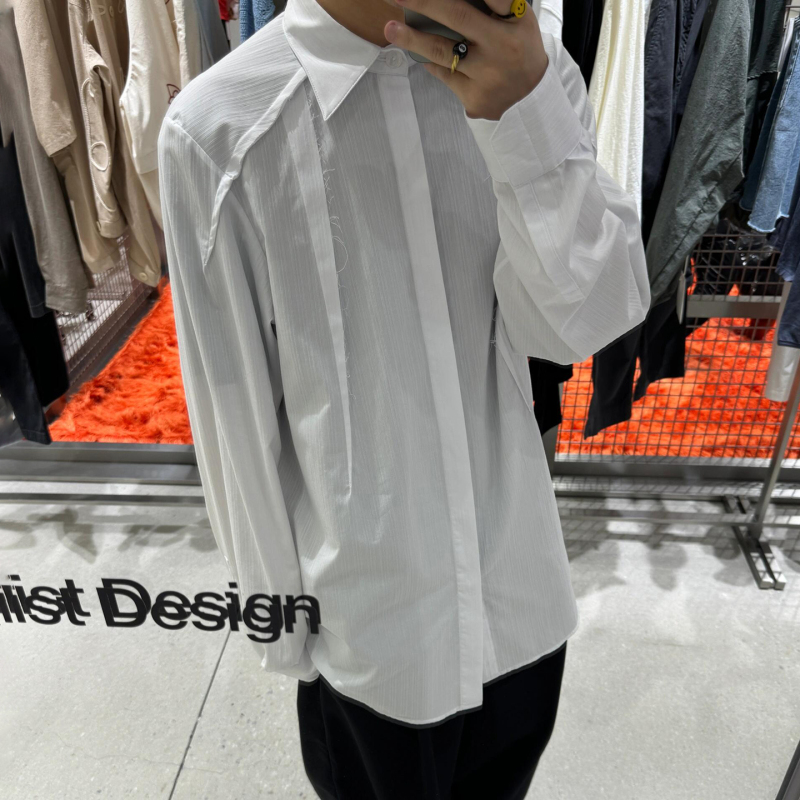 Kiko Kostadinov White Textured Striped Shirt Casual Three-Dimensional Deconstructed Cut Frayed Button Shirt