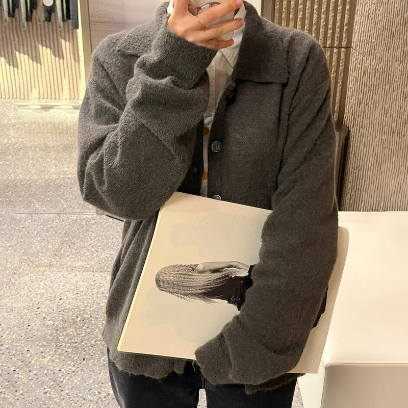 Ol Style Sand Green Mohair Blended Wool Cardigan Casual Loose Layered Long-Sleeved Knitted Thin Jacket