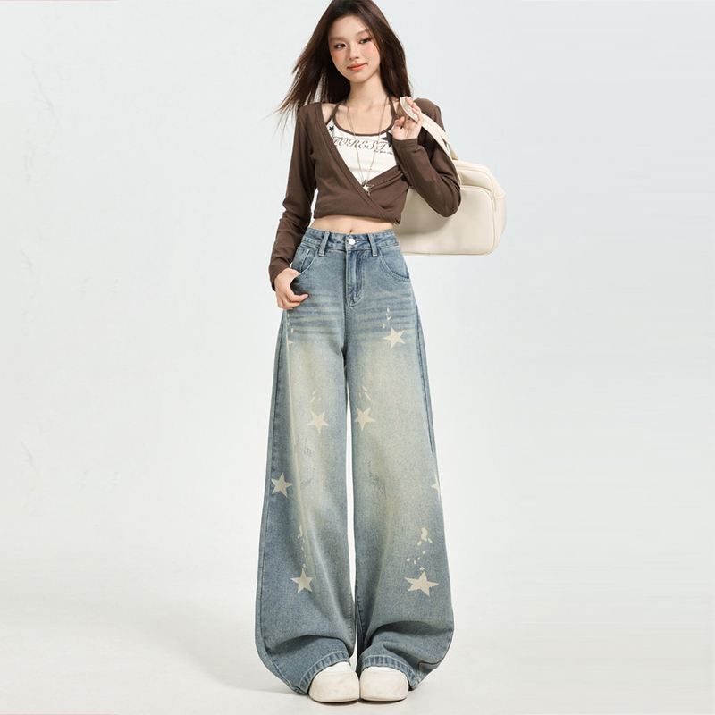 Wide-Leg Jeans for Women with Star Print, High-Waisted, Loose Fit, Versatile, Distressed Straight-Leg Floor-Length Pants for Autumn and Winter Wide-Leg Jeans for Women with Star Print, High-Waisted, Loose Fit, Versatile, Distressed Straight-Leg Floor-Length Pants for Autumn and Winter