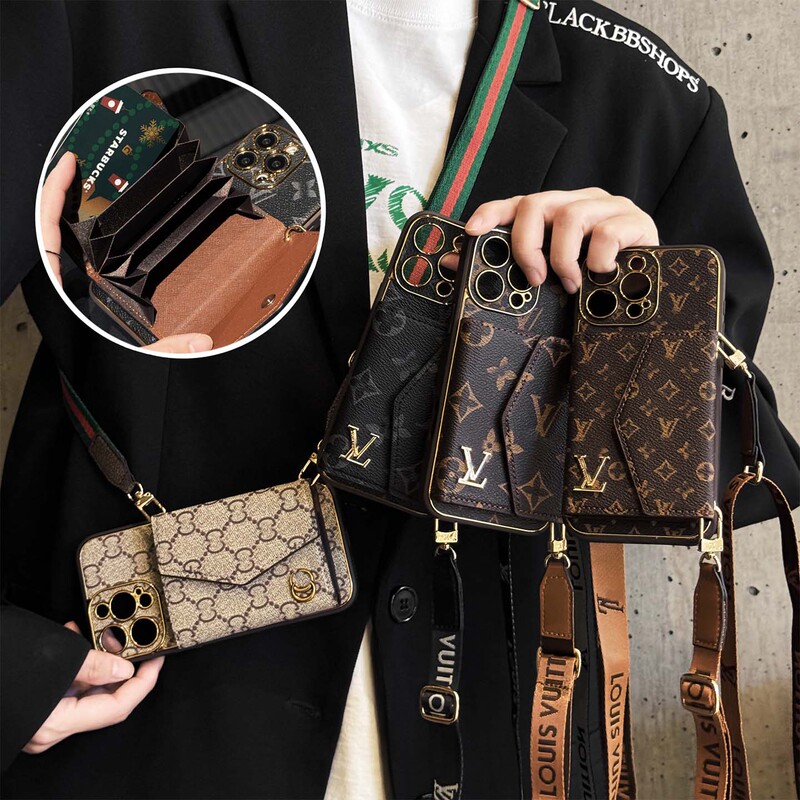 European and American Classic Trendy Luxury Brand Suitable for 14 Pro Max Apple iPhone 13 High-End Printed 16 Niche 15 High-End Fashion Women's Trendy Full-Edge Anti-Drop Crossbody Phone Case with Card Holder and Lanyard
