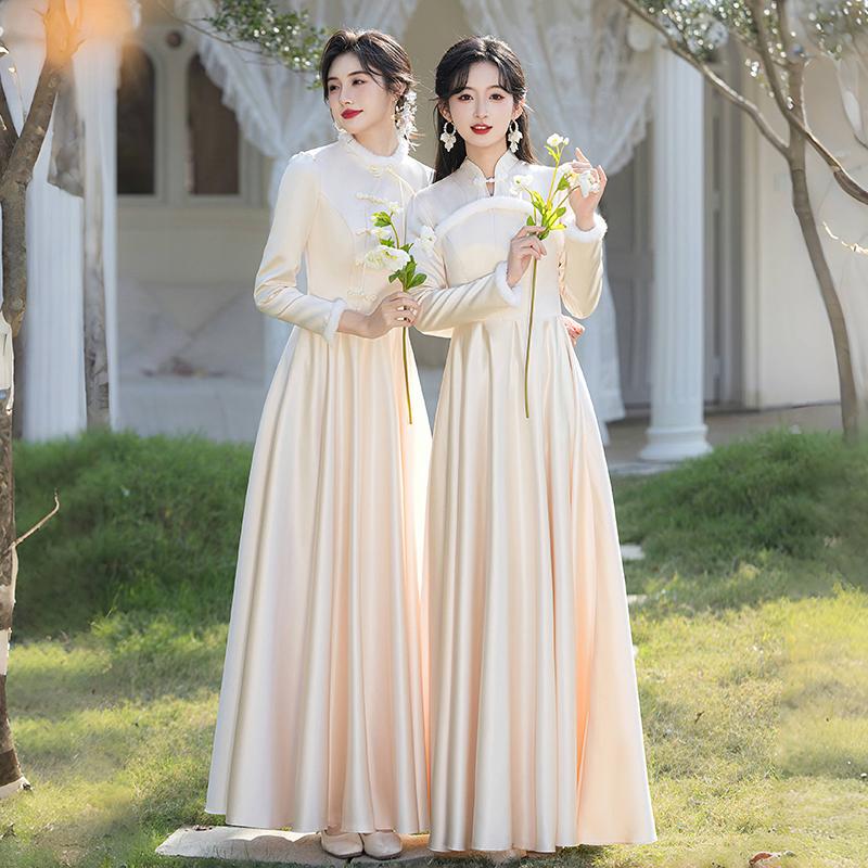 Champagne-Colored Bridesmaid Dress 2026 New Chinese-Style Sister Group Evening Dress Long-Sleeved Winter Fleece-Lined Thickened Evening Dress Champagne-Colored Bridesmaid Dress 2026 New Chinese-Style Sister Group Evening Dress Long-Sleeved Winter Fleece-Lined Thickened Evening Dress