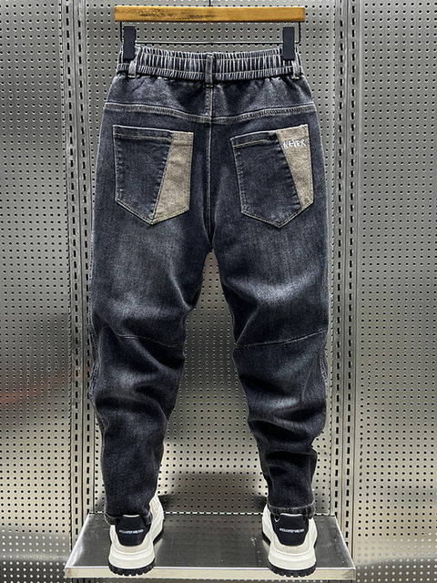 2023 ດູໃບໄມ້ລົ່ນ Pants ໃຫມ່ Trendy Brand Men's Jeans Elastic Waist Slimming Loose Leg-tie Casual Pants Harem
