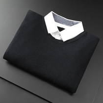 Fake two sweater men spring new men lead knitted base shirt loose thick long sleeve solid color sweater