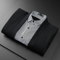 Fake two cardigan sweater mens tide autumn and winter new trend casual loose stripe lining knitted jacket