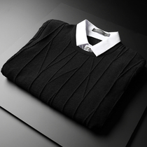Autumn and winter new fake two-piece sweater mens trend Korean long sleeve shirt collar knitwear boys sweater Tide plus Velvet