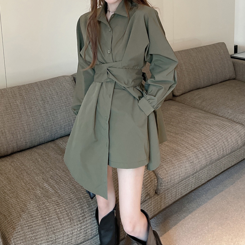 Spring New Military Green Shirt Dress for Women, Unique Design, Trendy and Stylish Set, Plus-Size Fashionable Dress
