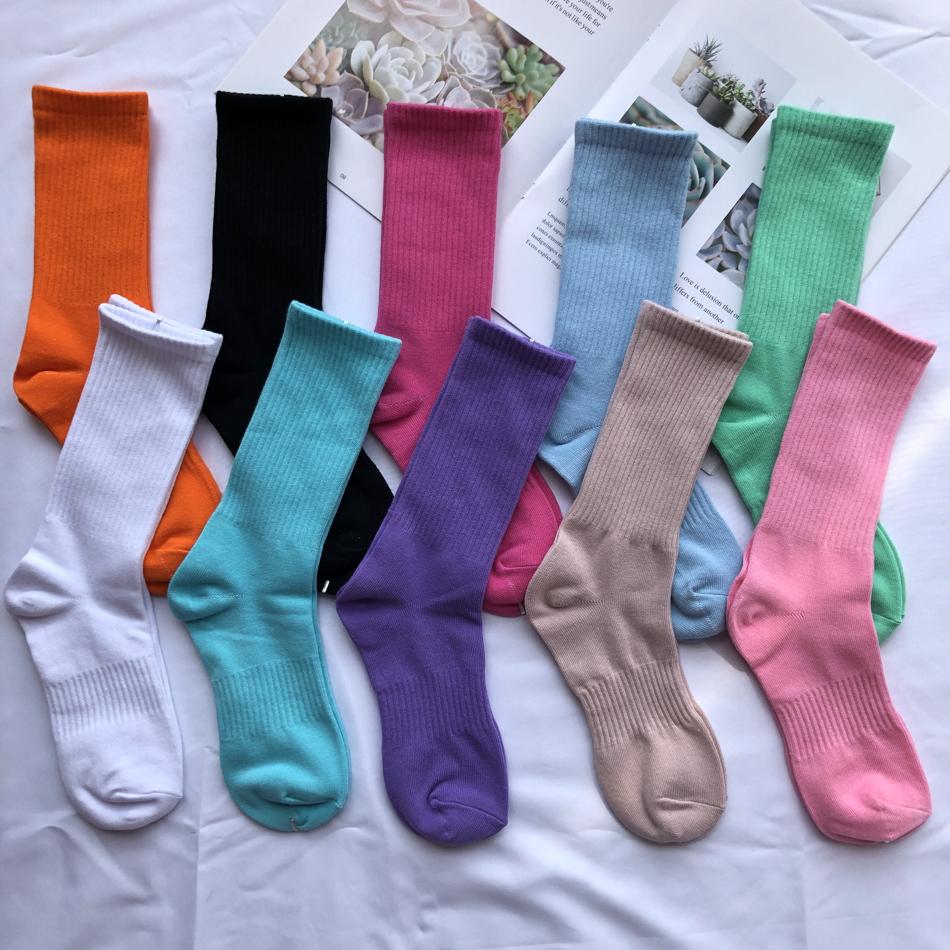 5 pairs of women's men's mid-length socks spring and autumn high-top socks pure cotton Korean style plain stripe street fashion