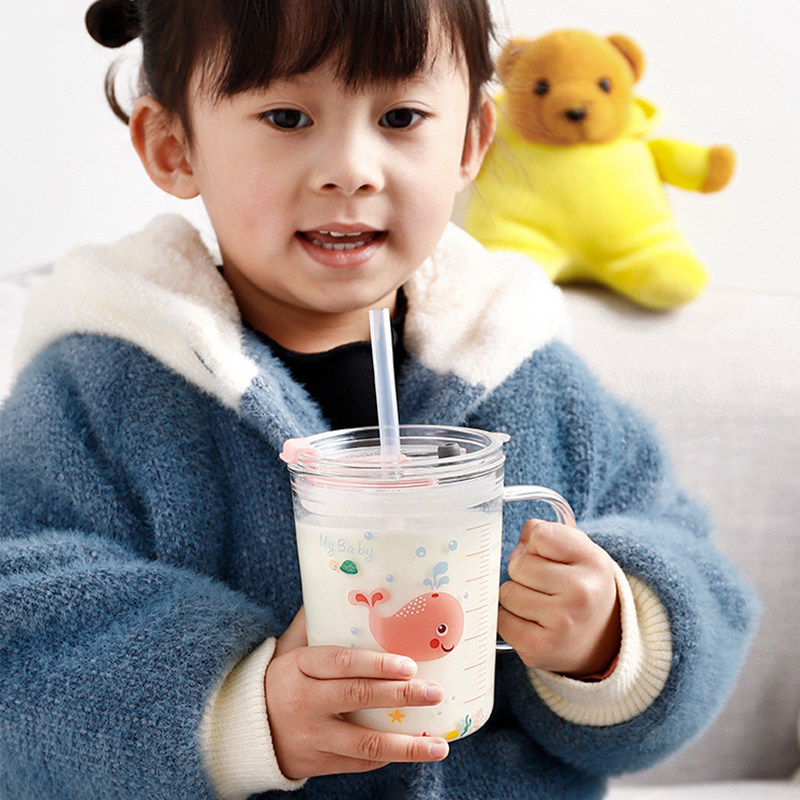 Cartoon children's milk cup with scale anti-fall ppsu double milk cup suitable for microwave breakfast home