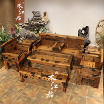 Mujiangjun old boat wood sofa combination light luxury small apartment solid wood Ming and Qing carved mortise and tenon classical living room furniture