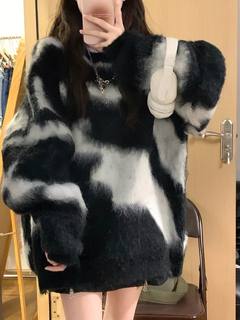 oversize！慵懒风长袖黑白撞色毛衣女秋装宽松圆领马海毛针织衫潮
