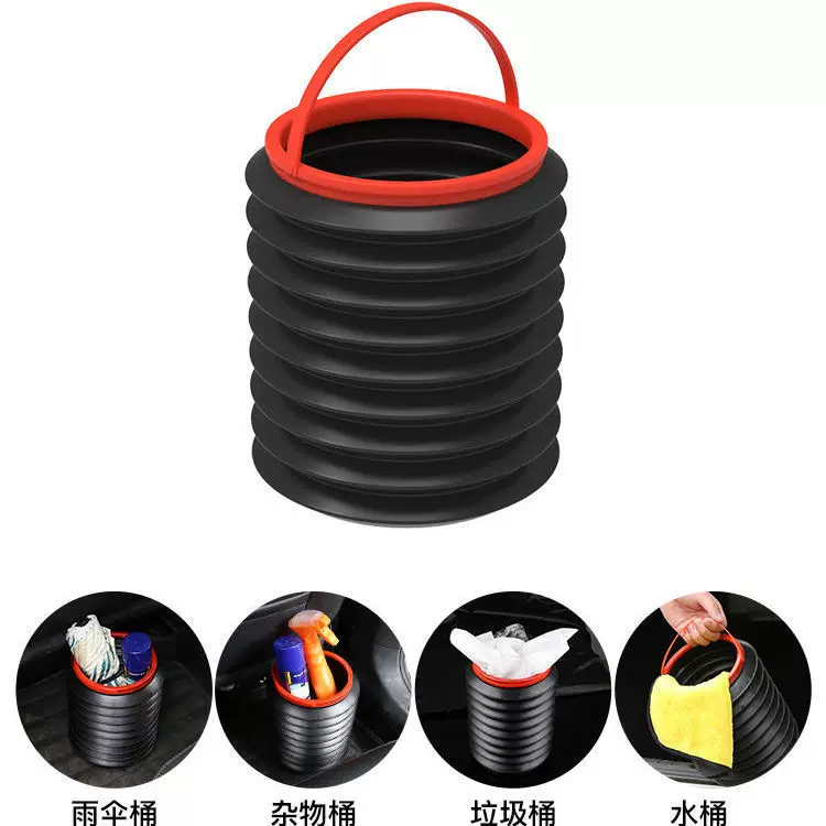 Foldable garbage can, umbrella for car, storage system