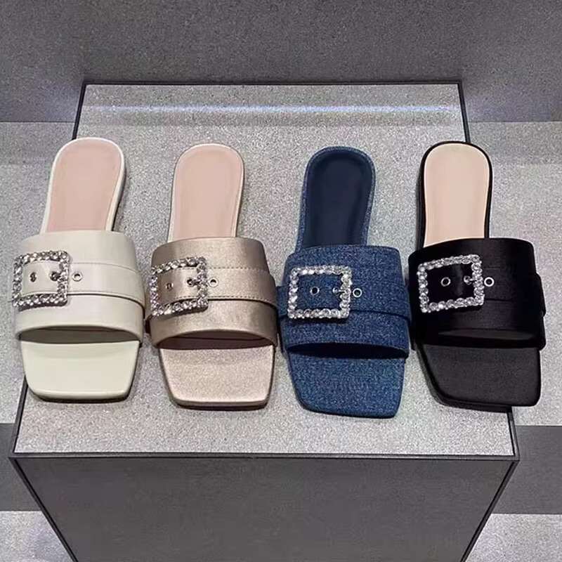 Catting&Kathy Women's Shoes 25 Summer New Model 70381116 Shiny Diamond Flat Flip-Flops Square Toe Sandals