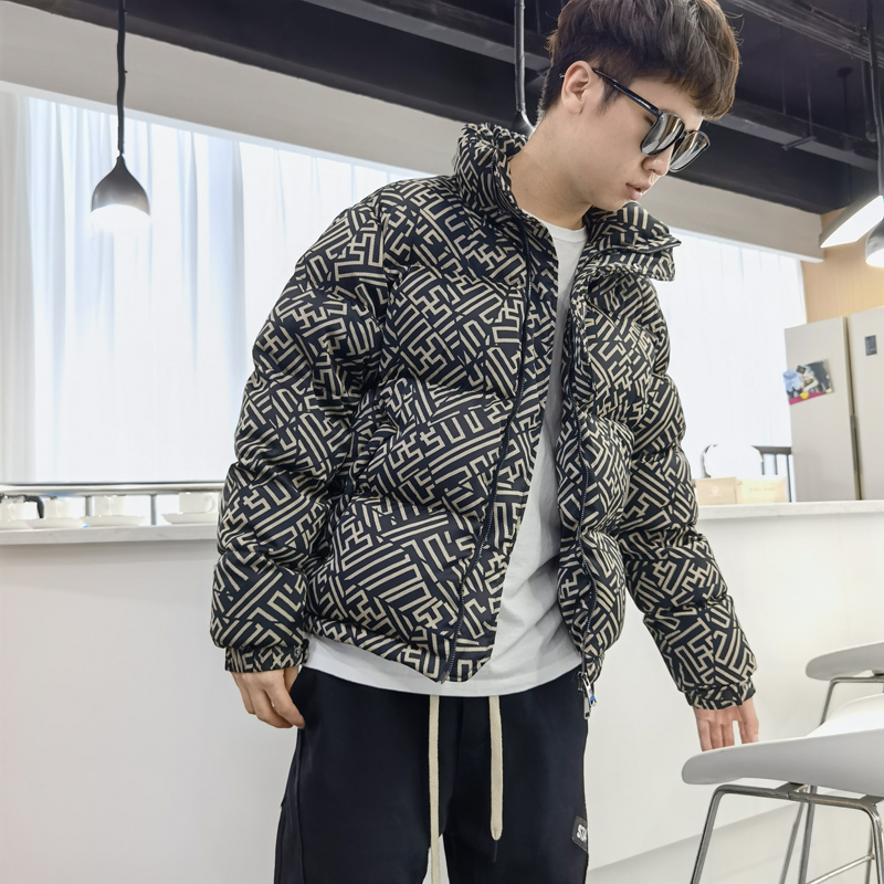 2022 Duckwolf winter new teen high - end plate printed feather jacket male collar short - cut bread suit