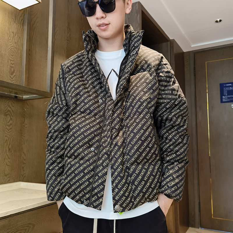 2021 white duck suede letters printed upright collar thickened warm men's down clothes Short Loose Tide Tooling Jacket