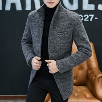 Wool coat mens short 2021 autumn and winter Korean version of the stand-up collar plus velvet thickened trend personality cashmere coat