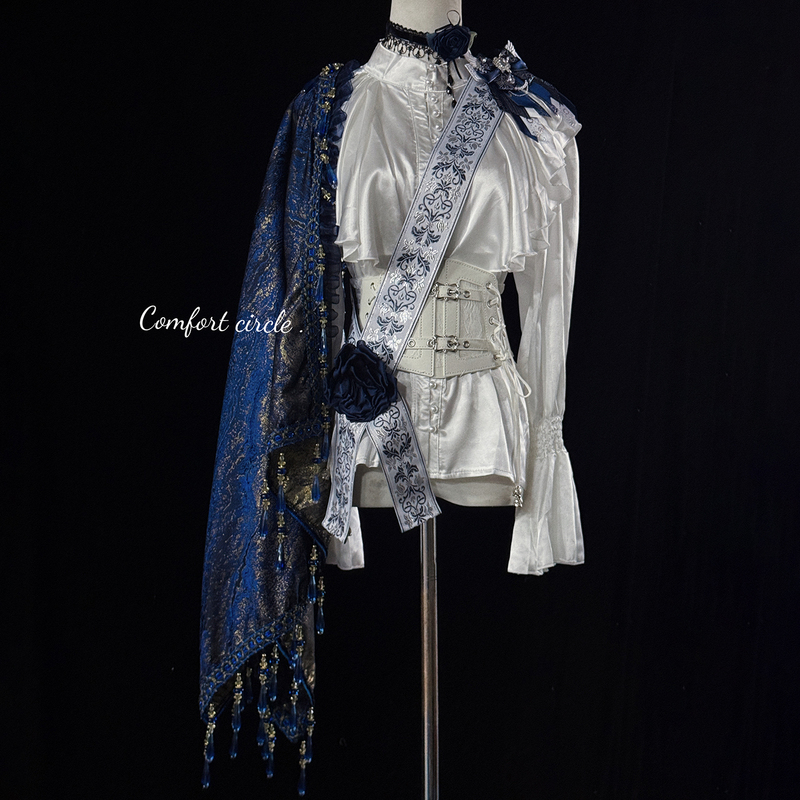 Gorgeous Blue and White Prince-Style Lolita Heavy Embroidery Cape Crown Court-Style Cosplay Photo Shoot Dress Set
