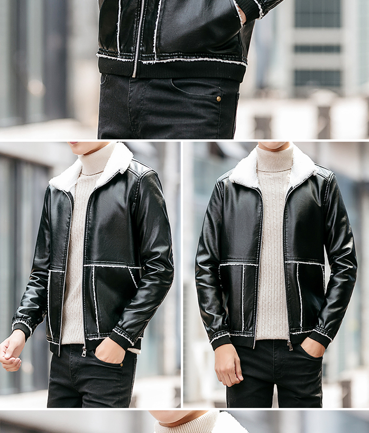 Chim phong phú mùa thu và mùa đông Áo da nam trung niên ve áo cộng với lông nhung áo khoác da nam áo jacket nam
