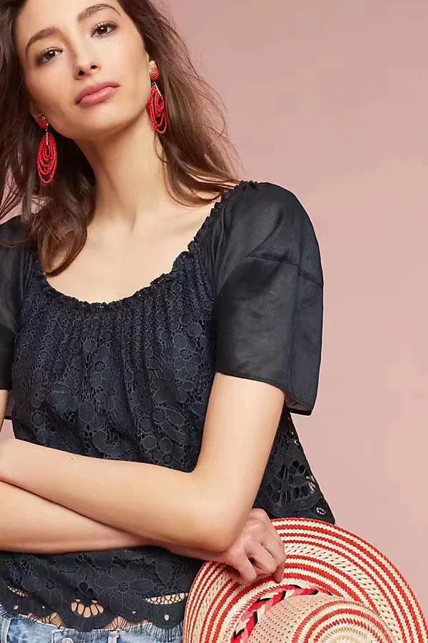 Очистка товаров и современная американская Anthropologie/Anthropology дамская блузка с круглым вырезом и коротким рукавом из кружева