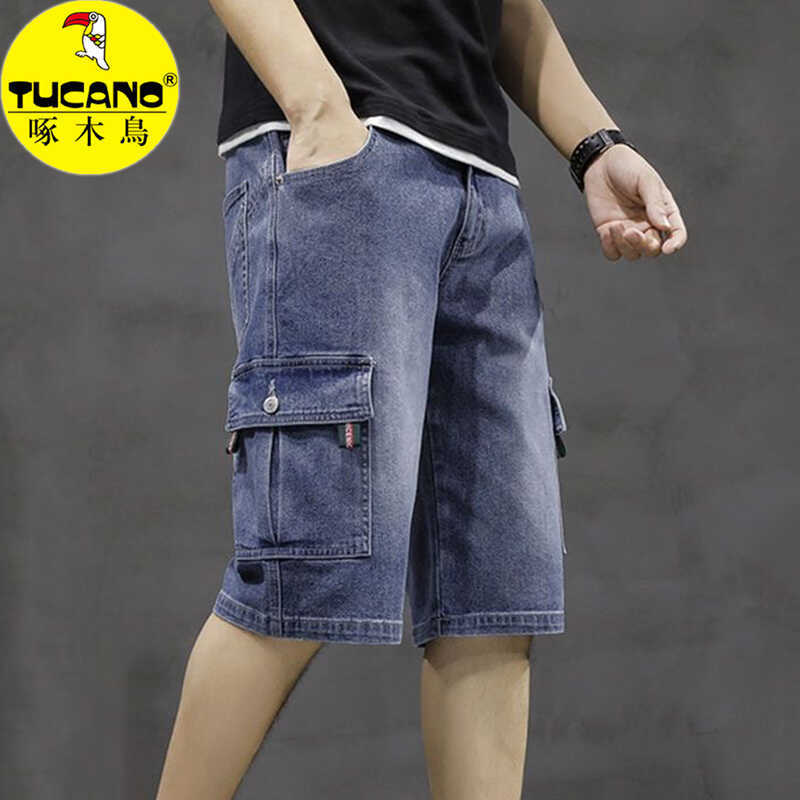 Woodpecker Multi-Pocket Workwear Denim Shorts, Summer Thin Style, Loose Fit, Stretchy, Breathable, Trendy, Versatile, Cropped Pants