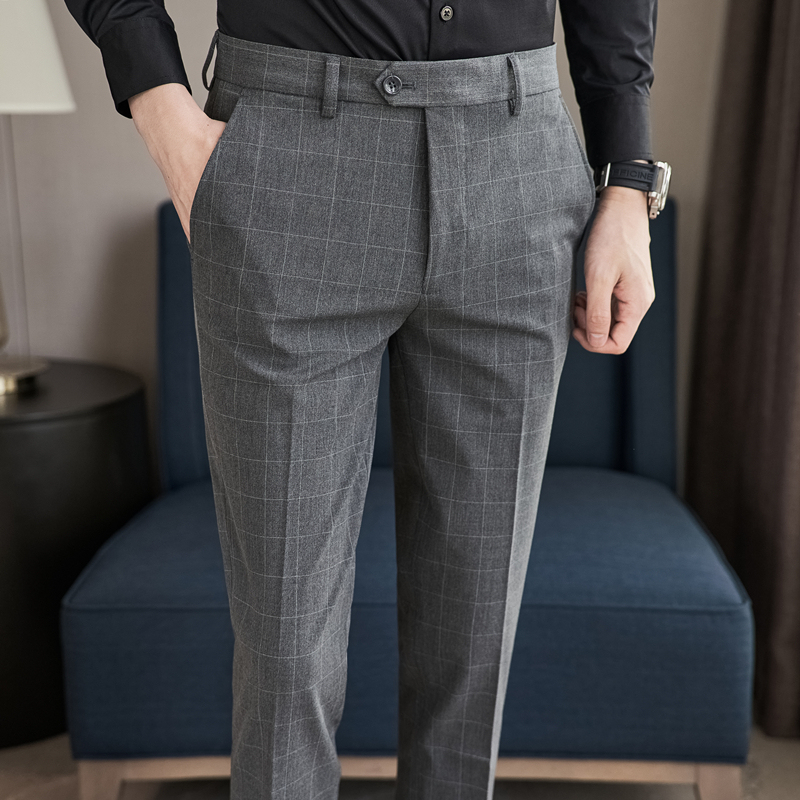 High-End Gray Plaid Suit Pants for Men, Business Formal Wear, Korean Style, Slim Fit, Iron-Free, Wrinkle-Resistant, Casual Suit Trousers