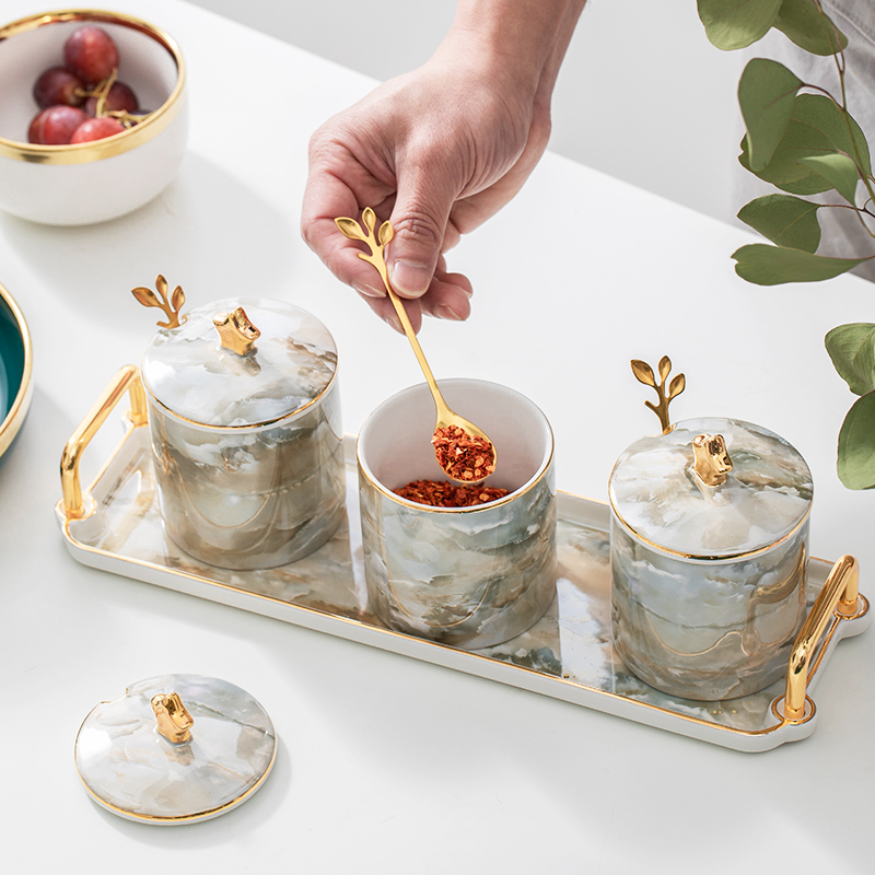 Light Extravagant Ceramic Seasoning Jar Seasoning containing box Composition suit Nordic Creative Kitchen Supplies Household Salt Jar Subbottle