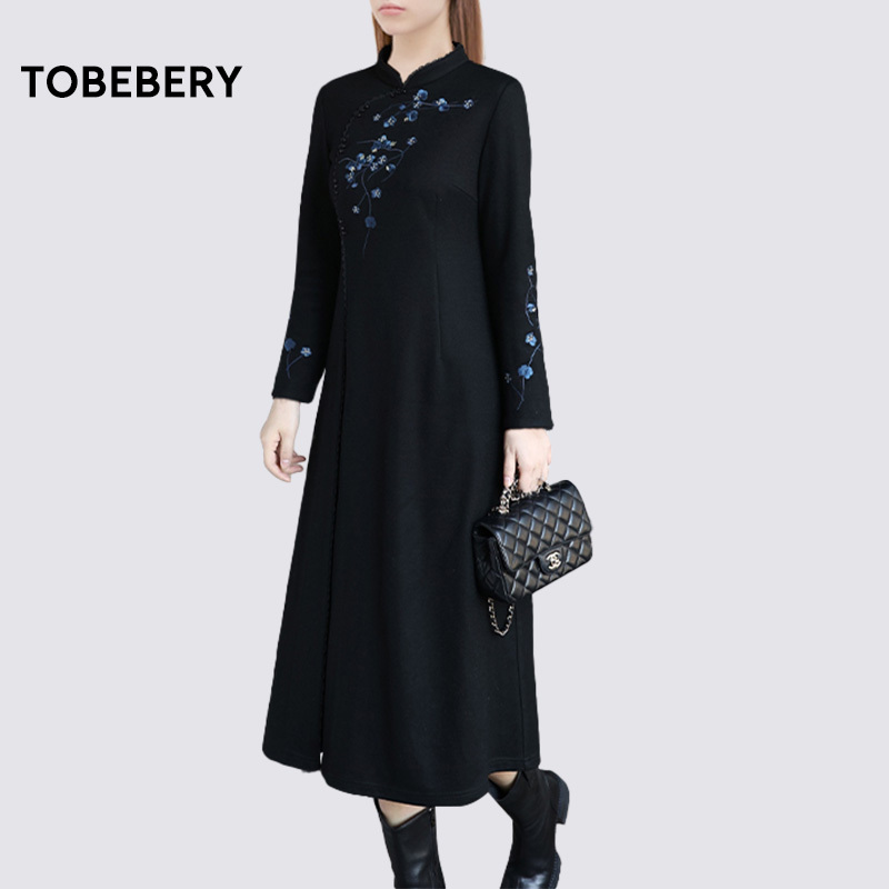 【Xiaowen Sisters X Shenzhen Tob】Elegant New Chinese-Style Embroidered Long Wool Dress for Women