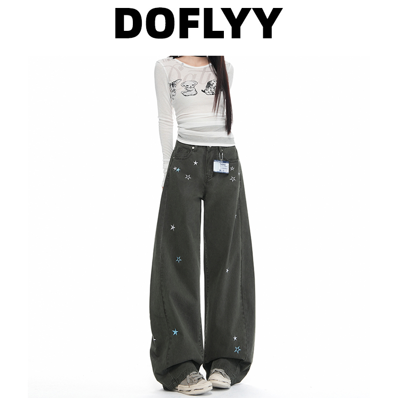 Doflyy American Retro Military Green Scimitar Jeans for Women 2026 Early Autumn New Style Hip-Covering Star Wide-Leg Pants Trendy