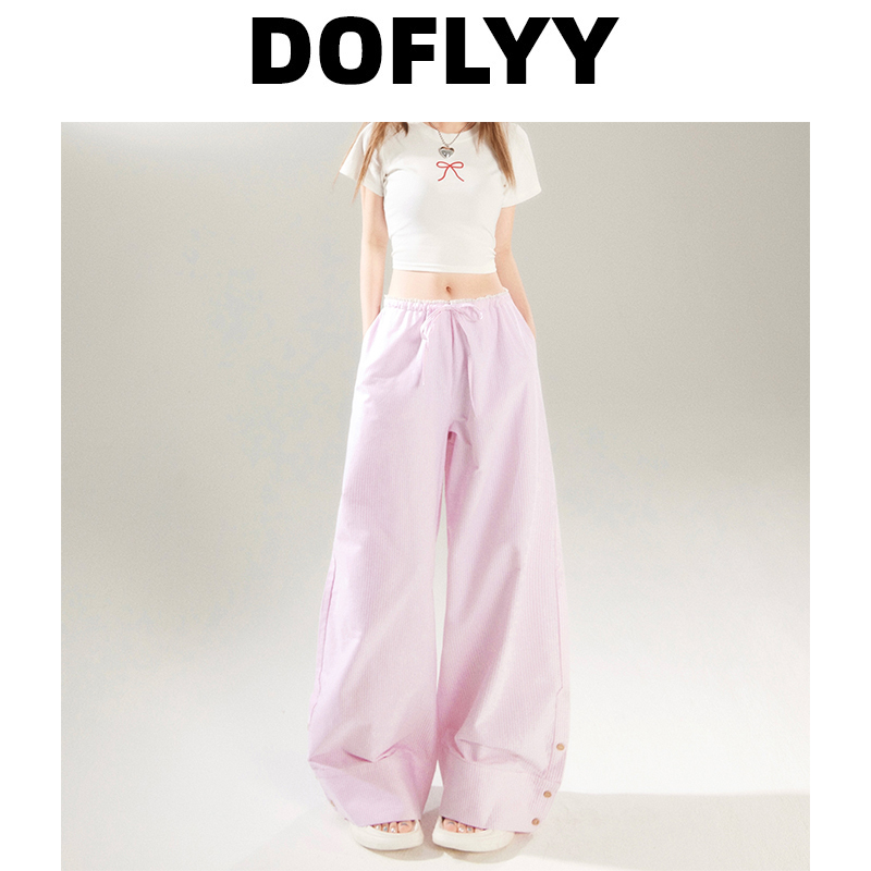 Doflyy Pink Striped Casual Wide-Leg Pants for Women 2025 Summer New Thin Drawstring Lace Splicing Floor-Length Pants