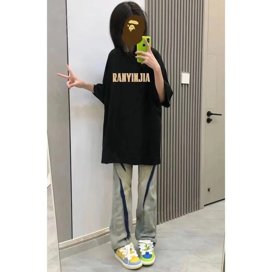 美式hiphop高街T恤女夏宽松大码慵懒风纯棉短袖ins潮牌情侣装上衣