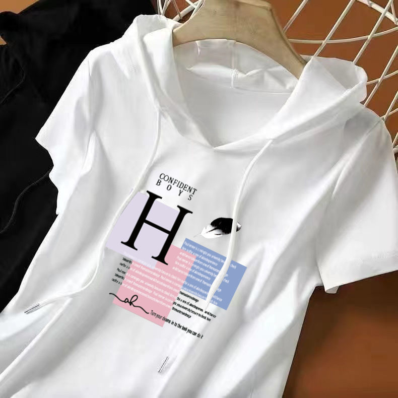 2024 New Summer White Hooded Sweatshirt Short-Sleeved T-Shirt for Women, Loose Design, Niche Korean Style Sweet Top