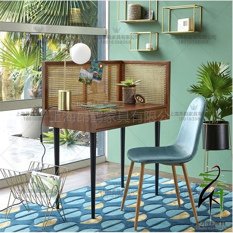 Southeast Asian style desk solid wood rattan computer desk retro style study furniture simple Chinese home desk