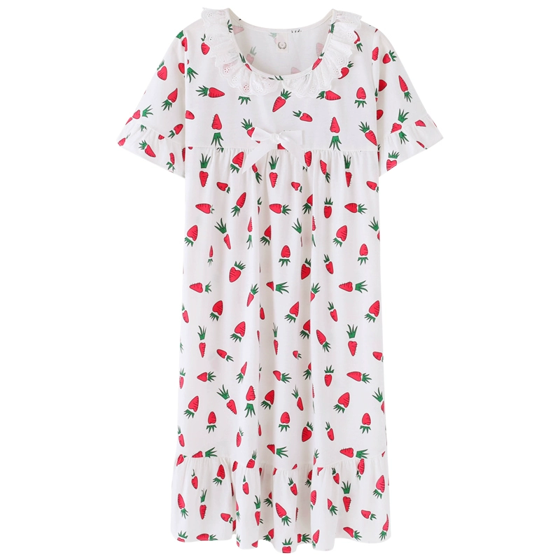 Mùa hè mới đồ ngủ cotton phụ nữ ngọt ngào hoạt hình củ cải in váy ngủ ngắn tay công chúa váy đơn giản phục vụ tại nhà cộng với kích thước - Đêm đầm