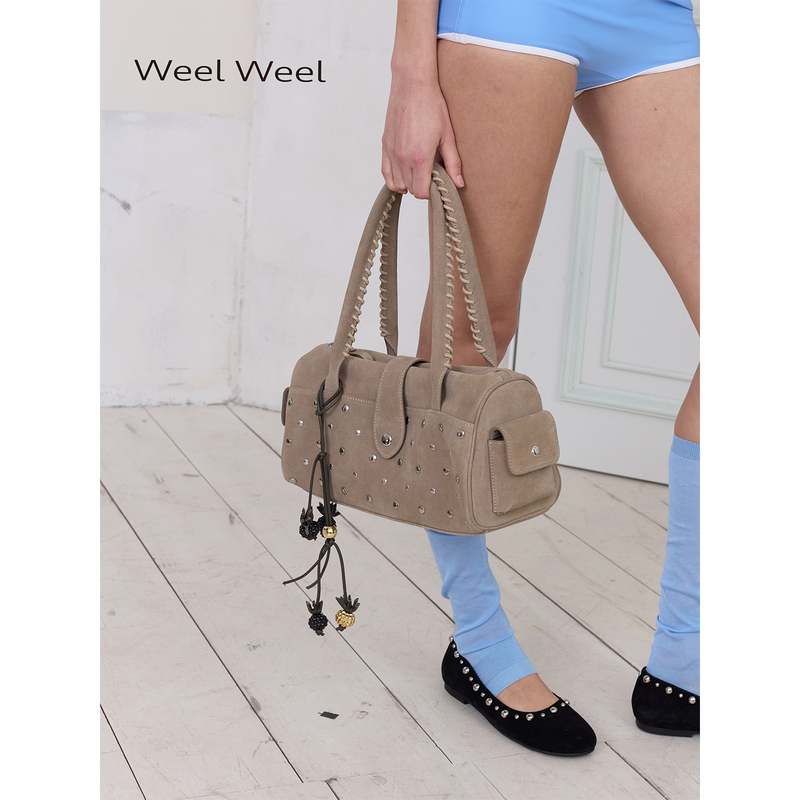 Weel Weel Cow Suede Studded Bowling Tote Bag Weel Weel Cow Suede Studded Bowling Tote Bag