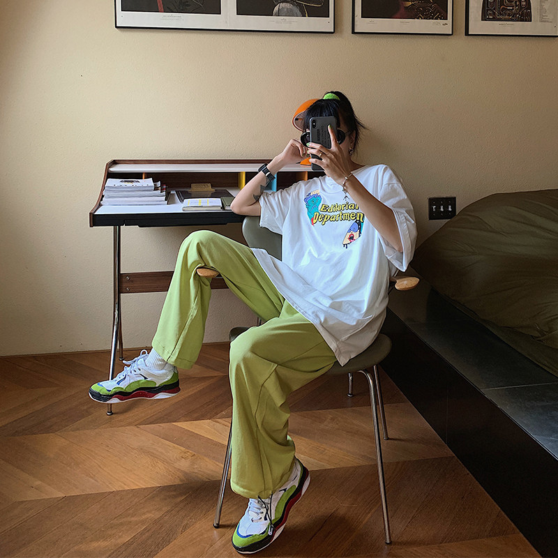 BLACK homemade drawstring leg sweatpants women's 2020 summer loose Korean ins tide straight tube high waist casual pants