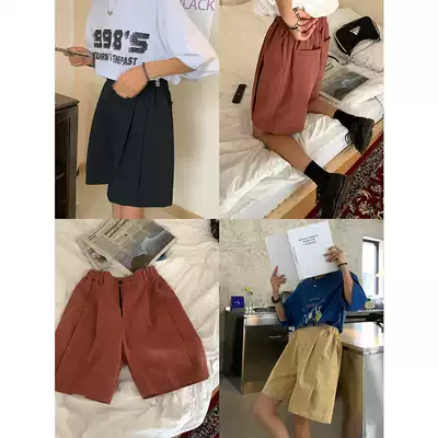 BLACK homemade waist five-point pants women's 2021 summer loose Korean straight A- shaped pleated tooling shorts
